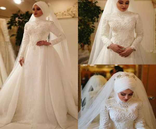 Vestido De Novia Винтажные мусульманские свадебные платья с подходящей вуалью и кружевом с скользящим шлейфом и шлейфом в саду Свадебные платья на заказ3518840