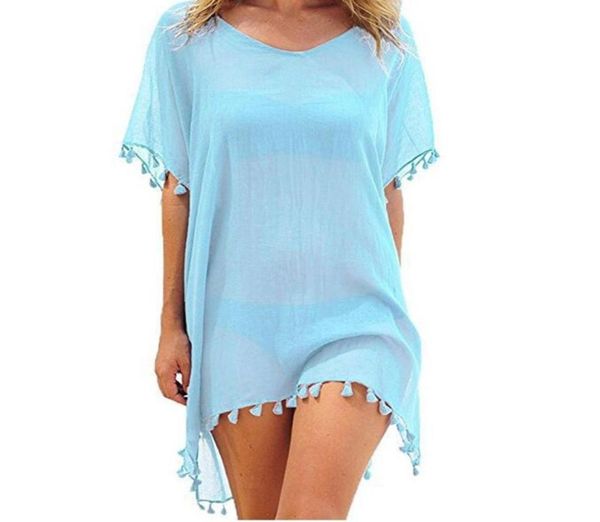 Mais novo estilo feminino praia borlas maiô cobrir roupa de banho pareo tampa verão mini solto sólido vestido solto ups7537594