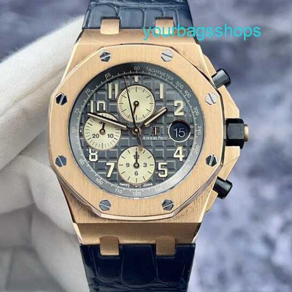 AP Highend Watch Leisure Watch Royal Oak Offshore Series 26470OR Cinza Rutênio Face Date Timer 42mm 18K Rose Gold Material Conjunto completo Cartão de garantia