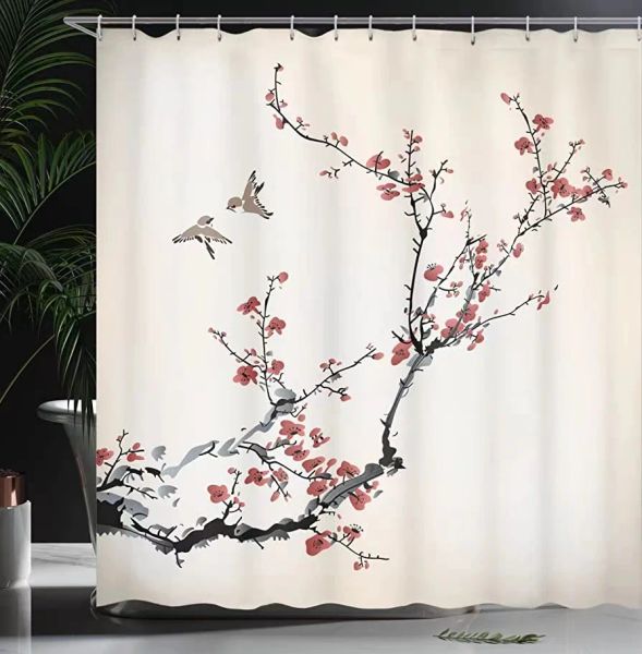 Cortinas de chuveiro de estúdio Flores de fundo branco Pring Floral Plant Arte criativa Telas de decoração de banheiro de tecido à prova d'água com ganchos