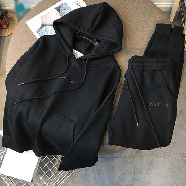 Pantaloni a due pezzi da donna Tuta da ginnastica con cappuccio ispessita Tinta unita Vestibilità ampia Jogger Set Pantaloni sportivi larghi a gamba larga 2 pezzi