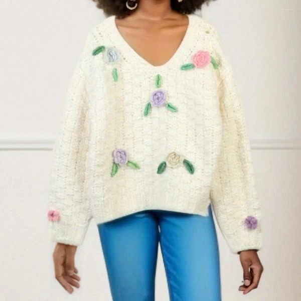 Damenpullover, koreanische Mode, 3D-Blumen, O-Ausschnitt, Pullover, 2024, Frühling, Damen, elegant, kontrastierend, langärmelig, lose, dickes weißes Strickoberteil