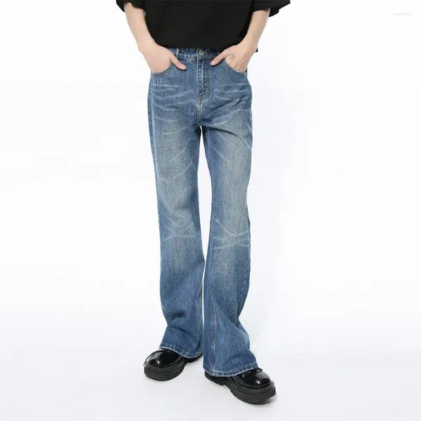 Jeans masculinos syuhgfa masculino elegante lavado bolsos de cor sólida baggy denim flare calças vintage homens usam primavera 2024