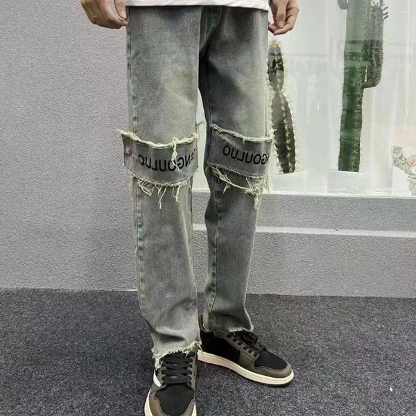 Calças de brim masculinas retro remendo reto cortado homem cowboy calças preto coreano moda casual denim 2024 tendência primavera outono xs