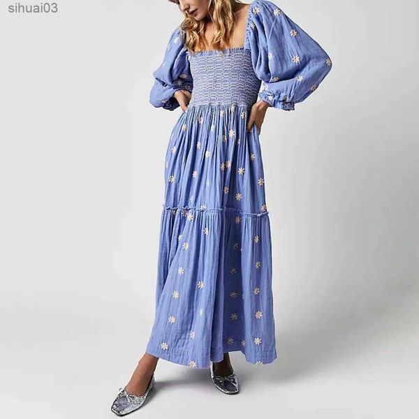 Grundlegende Freizeitkleider für Damen, quadratischer Ausschnitt, plissiert, Laternenärmel, Blumendruck, Damen-Midikleid, elegantes Boho-bedrucktes Rüschen-Sommerkleid, Frühlings-Maxikleid, L2403