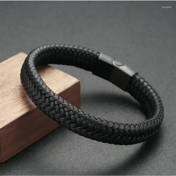 Bracciale rigido 1PC classico braccialetto in pelle nera per uomo, regalo di gioielli a mano bello