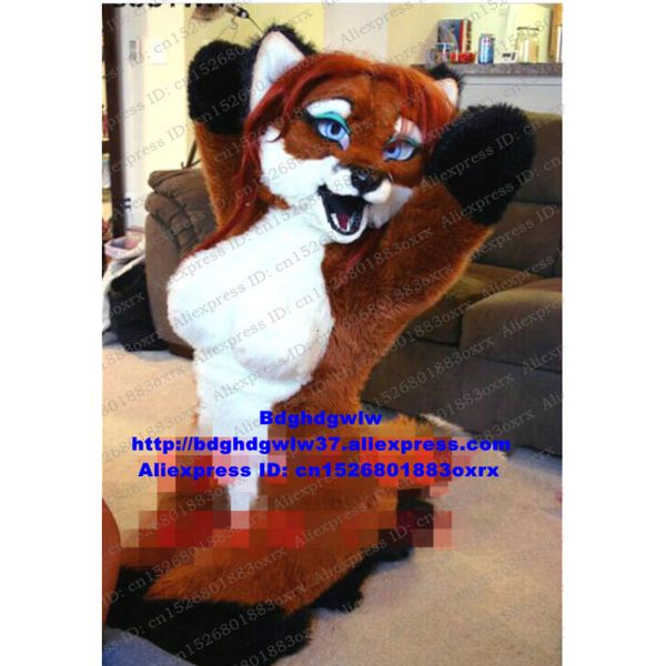 Trajes de mascote de pele longa peludo Miss Fox Husky Dog Fursuit Mascot Traje Adulto Personagem de desenho animado Terno COSPLY Role-play Música Carnaval Zx3022