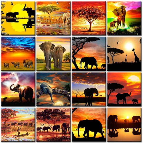 Número pintura por número kit adulto com moldura elefante adulto paisagem diy pintada a óleo tinta Óleo pintura de parede de parede de parede para decoração