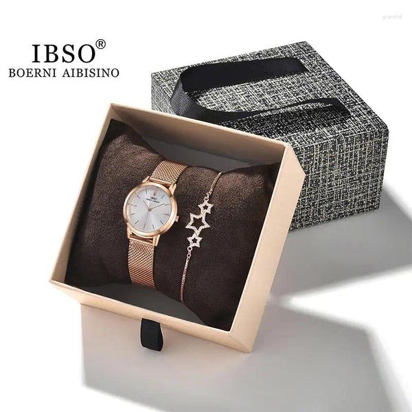 Relógios de pulso IBSO Rose Gold Women's Quartz Watch Pulseira Set Horas Pulseiras de Cristal Pulseira de Presente de Natal