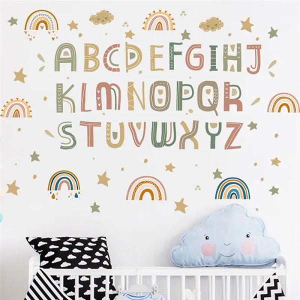 Adesivos diy arco-íris nuvem estrela letras em inglês adesivo de parede para quarto de crianças decoração de casa alfabeto mural arte pvc decalques berçário cartazes