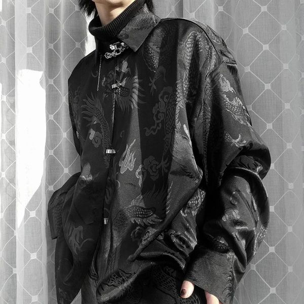 Vintage Harajuku Blusen Männer Satin Hemd Drachen Totem Print Streetwear Button Up Langarm Shirts Chinesischen Stil Tops Unisex 240313
