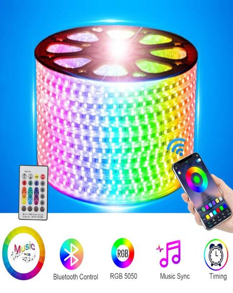 Luzes de tira led controle bluetooth rgb 110220v smd 5050 60 ledsm tiras de luz de corda à prova d'água funcionam com ios android música ti3477367