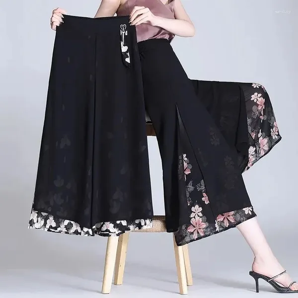 Calças femininas moda coreana capri mulheres impressão preta verão fino chiffon perna larga cintura alta vintage feminino casual baggy 3xl