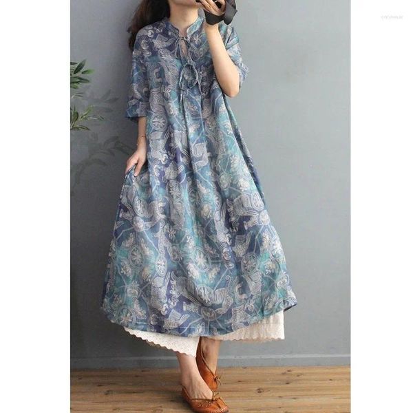 Partykleider Ankunft Sommer Kunst Stil Frauen Casual Lose Halbarm Knöchellanges Kleid V-Ausschnitt Vintage Print Baumwolle Leinen P349