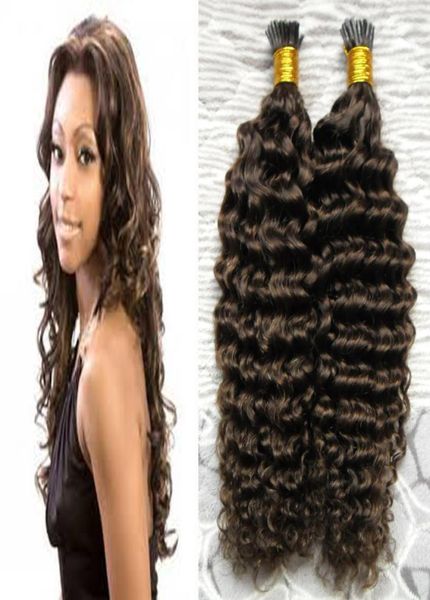 I Tip Saç Uzantıları Brezilyalı Kinky Curly 100g 100s 4 Koyu Kahverengi Ön Bağlanmış Saç Remy İnsan Saç Uzantıları 9712229