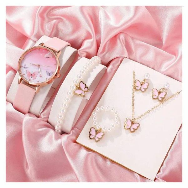 Armbanduhren 1 Set Uhr Armband Halskette Ohrringe Ring Schmetterling Anhänger Faux Perle Verstellbarer Riemen Leder Lady Schmuck Se