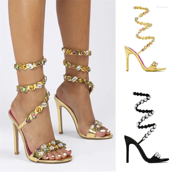 Sapatos de vestido preto ouro 11cm salto fino pequeno cabeça redonda superfície de seda água diamante sandálias altas verão rebite saltos comércio exterior