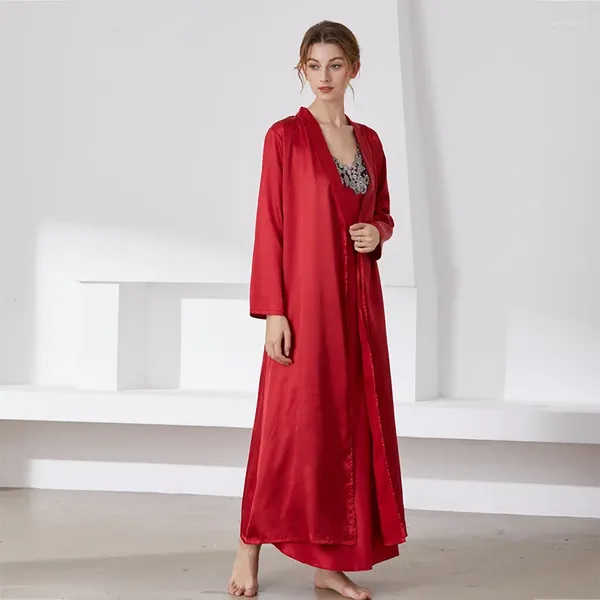 Damen-Nachtwäsche, sexy Patchwork-Nachthemd, Damen-Kimono-Badekleid, ultralang, 2-teiliges Robe-Set mit Spitzenriemen, erweiterte Version, Dessous
