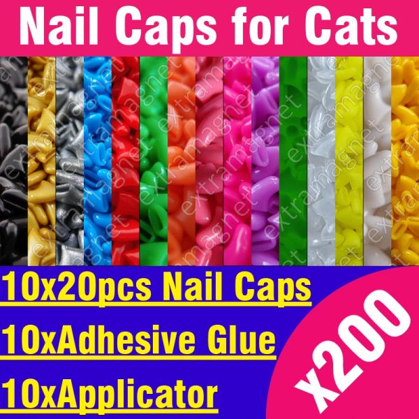 Grooming 200pcs tampas de unhas macias para gatos + cola adesiva 10x + aplicador 10x /* XS, S, M, L, pata, garra, capa, lote, gato */