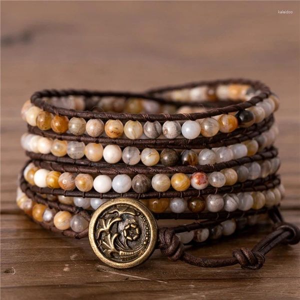 Charm-Armbänder Kunst 4 mm Bambusachate Perlen Wickelarmband 5 Mal Leder Bohemian Weaven Geschenk für Freunde Drop