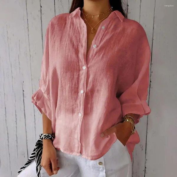 Blusas femininas 3/4 manga superior elegante camisa de lapela com laço detalhe elegante blusa de peito único para mulher chique cor sólida streetwear