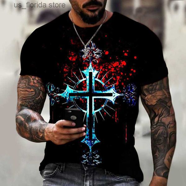 T-shirt da uomo Cross T-shirt da uomo Religion Jesus 3D stampato Casual Vintage Short Slve T Shirt Summer Man Strtwear Oversize Black Top Y240314