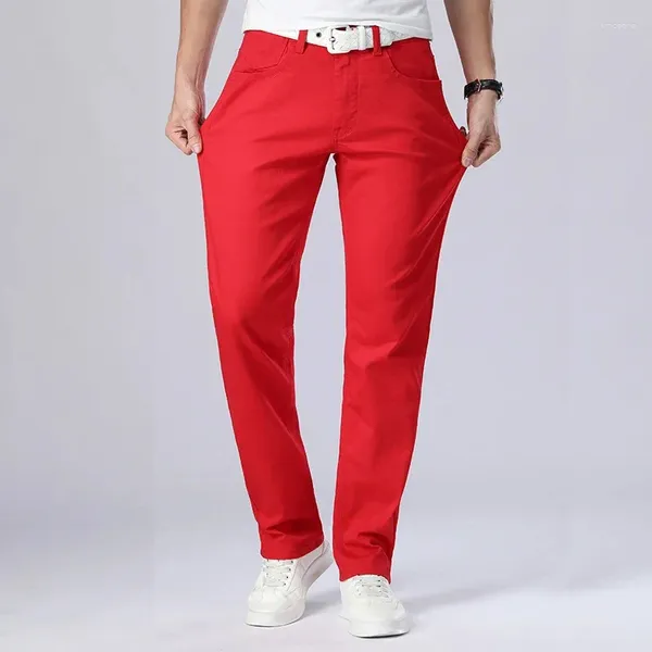 Calças de brim masculinas 2024 outono vermelho estilo clássico em linha reta elasticidade algodão denim calças masculinas marca branca