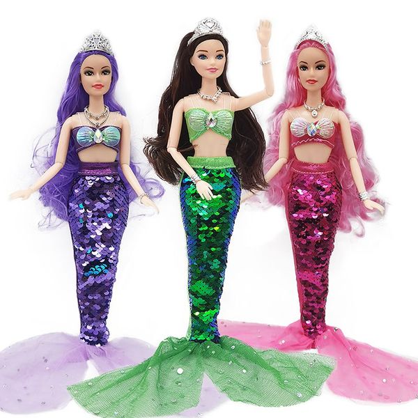 Bambole sirena Giocattoli per bambini Articoli Kawaii Rosa Viola Capelli neri Testa Accessori per bambole Abiti per figura da 30 cm Gioco per bambini fai da te