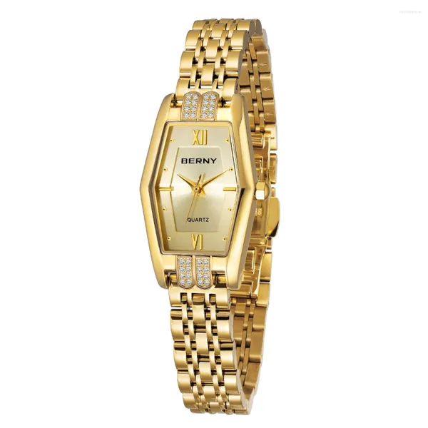 Relógios de pulso Berny Senhoras Relógio de Pulso Textura de Ouro Diamante Relógio Mulheres Quartz Relógios Luxo Aço Inoxidável Alta Precisão À Prova D 'Água