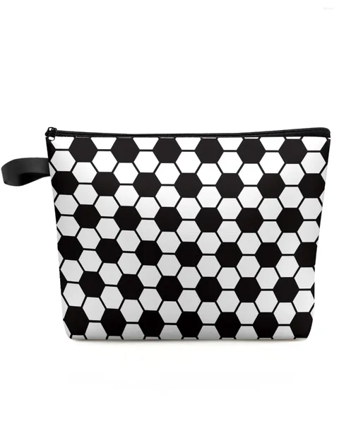 Borse per cosmetici Borsa da viaggio geometrica in bianco e nero da calcio di grande capacità Custodia per trucchi portatile Astuccio impermeabile da donna