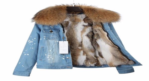 2018 nova jaqueta de inverno feminina denim casaco natural real forro de pele de coelho gola de pele de guaxinim capuz grosso quente parkas destacável parka9525765