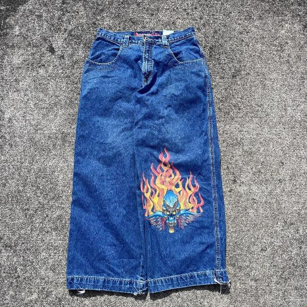 Jeans da donna Y2K Teschio retrò Stampato su entrambi i lati Modello Hip Hop da strada allentato Pantaloni a gamba larga a vita alta punk gotico Harajuku