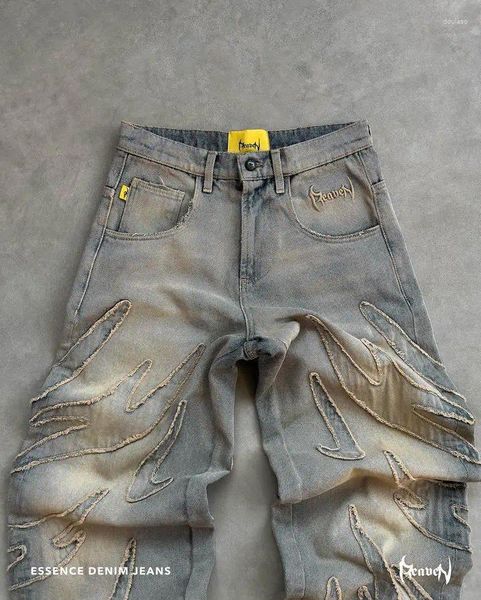 Jeans da uomo Streetwear Reaven Uomo Y2k Hip Hop Distressed Pantaloni larghi retrò neri Pantaloni gotici a vita alta a gamba larga Harajuku