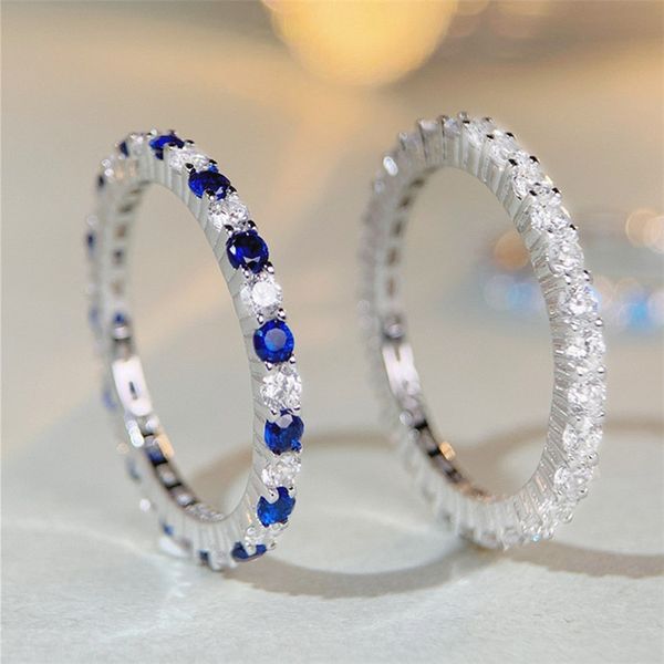 Anel de banda de designer de diamante de 0,2 quilates para mulher 925 prata esterlina redondo rosa azul branco zircônia amor casamento anéis de noivado joias de luxo mulheres amigo caixa de presente tamanho 5-9