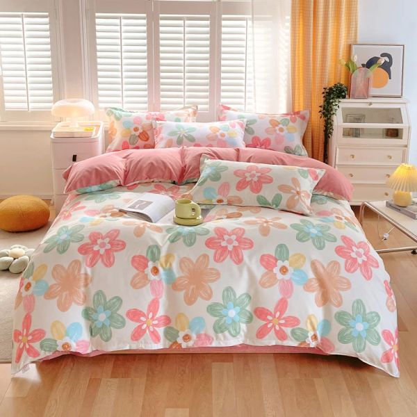 Set di fiori colorati e biancheria da letto posteriore rosa set decorativo copripiumino a 3 pezzi con 2 cuscini