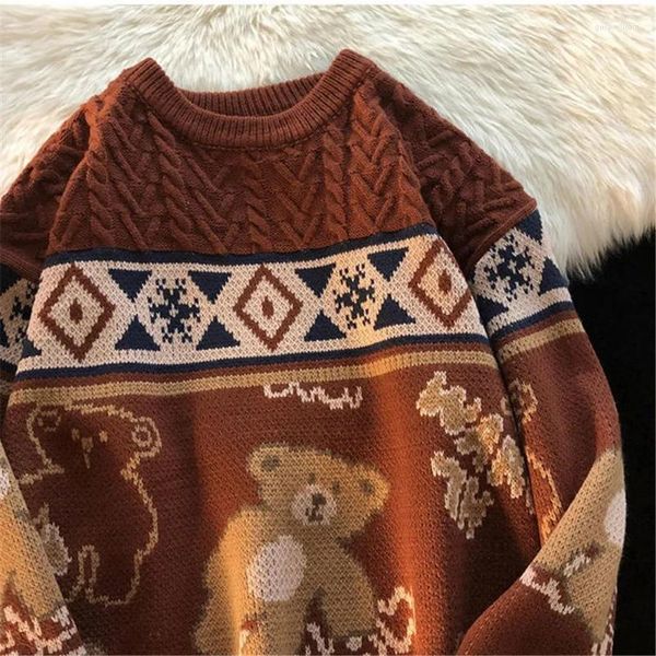 Camisolas masculinas outono e inverno bonito urso tricô pullovers homens tops roupas y2k oversize solto harajuku vintage casal casual