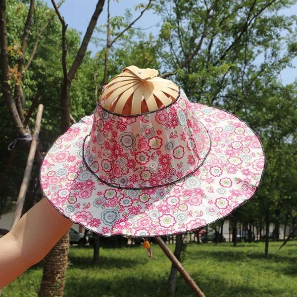 Berets 2 em 1 chapéu de ventilador dobrável de bambu para mulheres menina mão viajando boné dança de verão