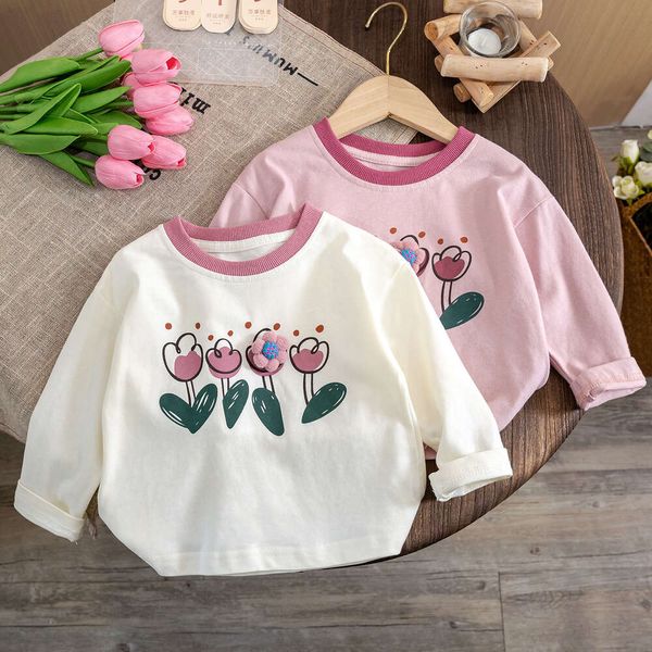 Ragazze Autunno 2023 Nuova T-shirt Wear Girl Baby Maniche lunghe Stampata Camicia inferiore per bambini Versatile colore a contrasto Top