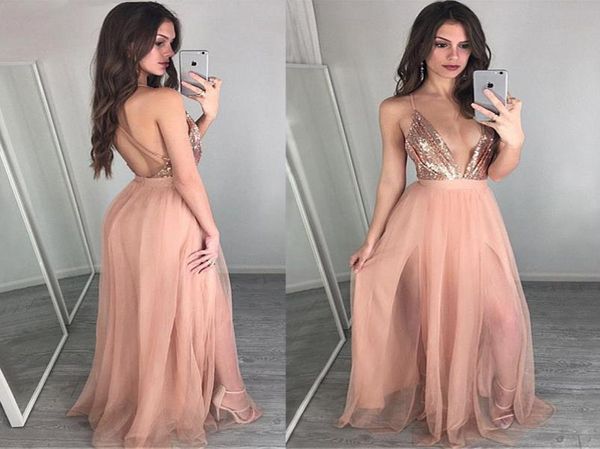 Neue Ankunft Günstige Aline Ballkleider Sexy tiefer V-Ausschnitt Rosa Tüll Lange Ballkleider Glamouröses rückenfreies Pailletten-Partykleid7936831