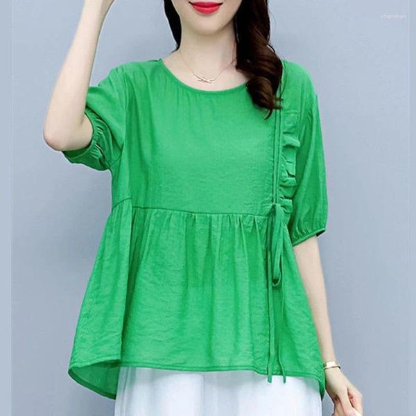 Damenblusen Kleidung 2024 Sommer koreanische Rüschen Schnürung elegante Bluse lässig Rundhals Kurzarm Shirt solide lose Tops Blusas