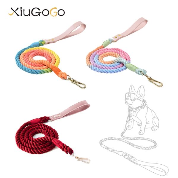 Trelas 1.2 / 1.5m Dog Leash Handmade Trançado Algodão Couro Tração Corda Conjunto para Acessórios para Animais de Estimação Arco-íris Marinha Cinza Vermelho Colorido Escolha