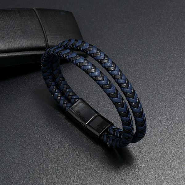 Lederarmbänder, schwarzes Magnet-Schnalle-Armband, magnetisches Geflecht, doppellagiges Armband, Armreif, Herren-Schmuck