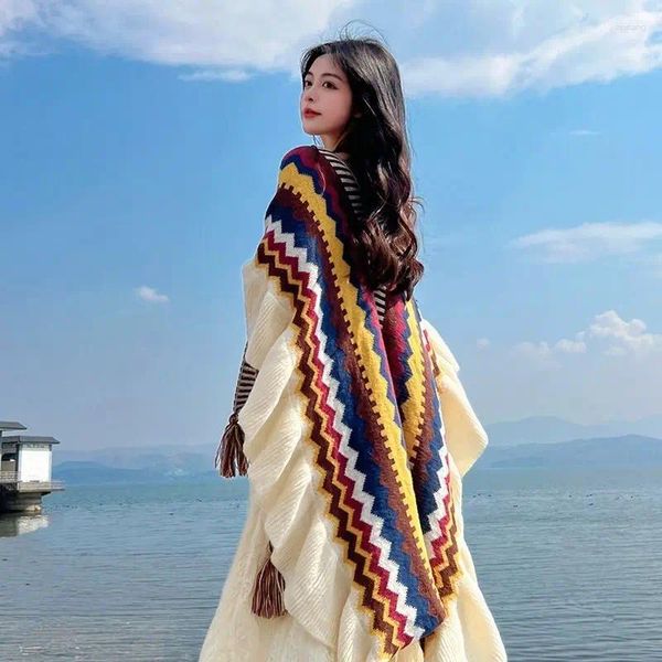 Lenços mulheres estilo étnico de malha cardigan capa poncho envoltório retro borla xale roubou manto viagem xales quentes e envoltórios pashmina