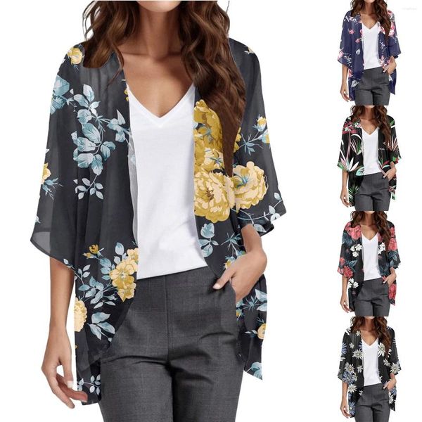 Abbigliamento etnico Cardigan lunghi aperti da donna Cardigan in chiffon con maniche a sbuffo con stampa floreale allentato Coprispalle camicetta casual Top X Large