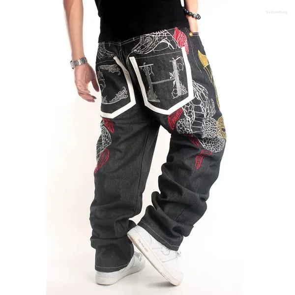 Jeans masculinos hiphop hip hop hipster homens bordado floral solto calças de skate tendência mais tamanho gordo