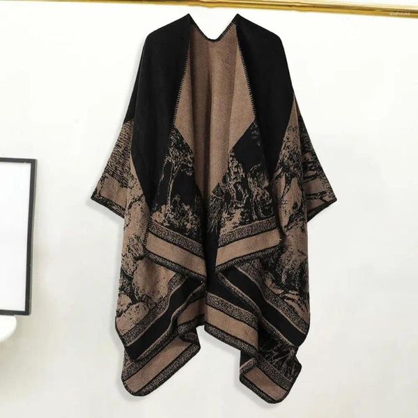 Schals Frauen Cape Vintage-Stil Damen Große warme offene Vorderseite unregelmäßige dicke übergroße doppelseitig bedruckte Strickjacke Schal für den Herbst