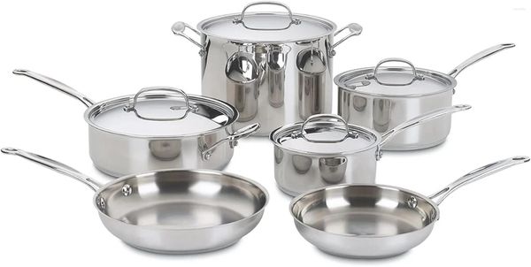 Conjuntos de panelas Cuisinart 77-10P1 Conjunto de coleção de 10 peças Chef's-Classic-Stainless Cozinha antiaderente