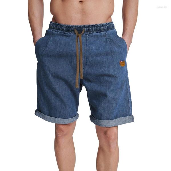 Jeans masculinos verão fino puro algodão casual capris cor sólida denim shorts solto cintura alta cordão respirável