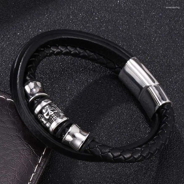 Braccialetti con ciondoli Moda Uomo Gioielli Punk Nero Multistrato intrecciato Bracciale avvolgente in pelle maschile Accessori teschio in acciaio inossidabile SP0209