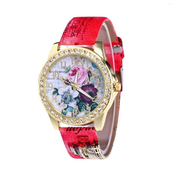 Armbanduhr Fashion Watch bedruckte PU Leder-Gurtuhr Luxus Quarz Damen Uhren Frauen Blumenmuster Mehrfarben Armbanduhr Reloj